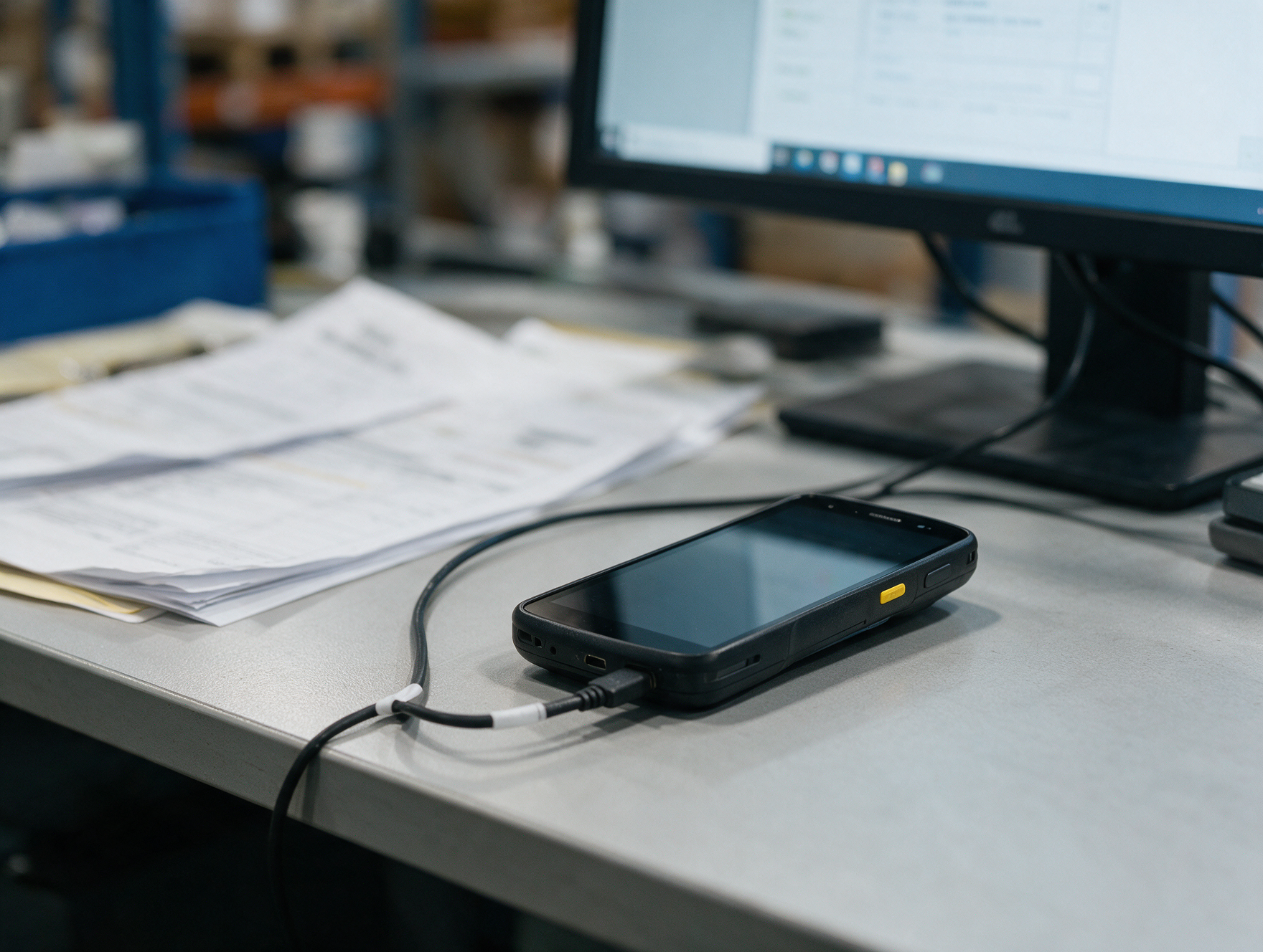 Câble USB-C branché sur un terminal Zebra TC27 au poste de contrôle